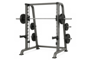 Smith machine with barbell and weights for strength training