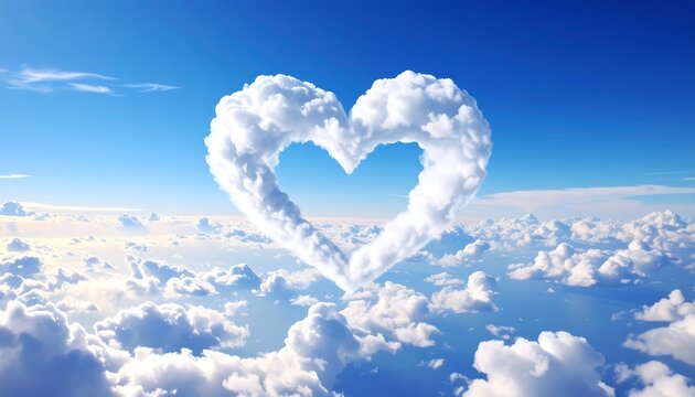 A heart shape formed by fluffy clouds floats within a vivid blue sky, surrounded by other scattered cloud formations in a bright, sunny day