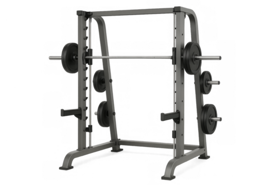 Smith machine with barbell and weights for strength training