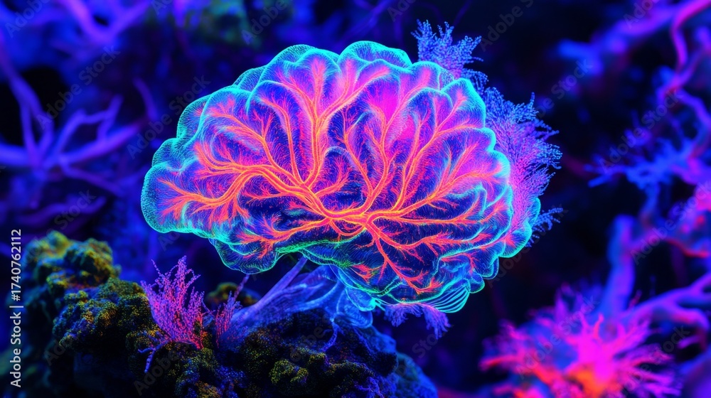 Wall mural a vibrant and surreal depiction of a brain-like structure surrounded by colorful coral. the colors b