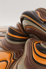 Abstract Swirls and Waves Fluid Art Brown Orange Grey Black Dynamic Movement Smooth Glossy Lines Flowing Texture Modern Creative Design Wallpaper Background