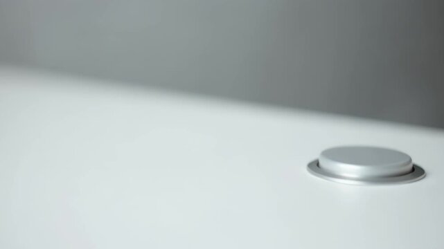 A baby's hand presses a silver button on a white surface with a soft focus background