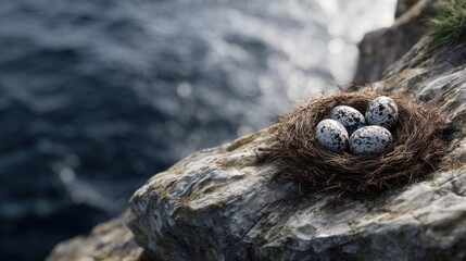 Obraz premium Close-up of a bird's nest with eggs on the edge of a rocky cliff overlooking the ocean, photorealistic, cinematic style. 