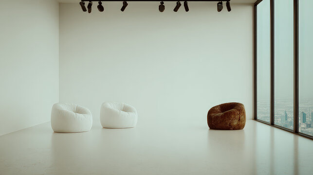 Minimalist interior design with three modern chairs inside a bright, empty room, with natural light pouring in