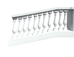 Rendered, white classical balustrade, perspective view, against a stark black background