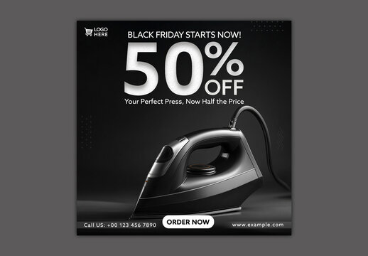 Black Friday Sale Social Media Post Editable Design for Home Appliance Iron Promotion.