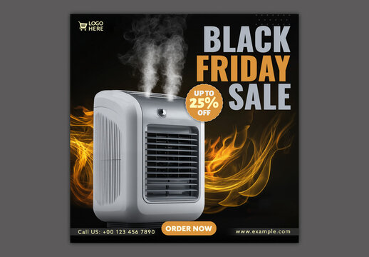 Black Friday Sale Social Media Post with Discount Offer on Air Cooler, Editable Design.