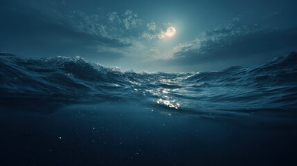 Fototapeta premium A mesmerizing scene capturing the moon over the sea. The water has gently undulating waves and reflects the moonlight, a truly stunning view