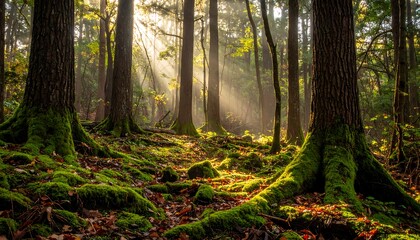 A sunlit woodland scene with tall, ancient trees, lush green moss, and beams of sunlight filtering through the canopy