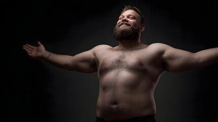 Fototapeta premium Shirtless bearded man with arms outstretched expressing joy and confidence in a dramatic studio portrait