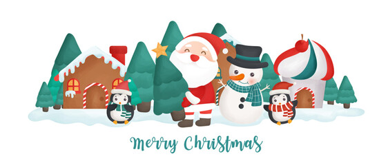 Happy Christmas banner with Santa clause and penguinsin in the snow village.