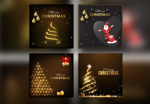 Editable Merry Christmas Social Media Post Set with Golden Xmas Tree in Dark Color.
