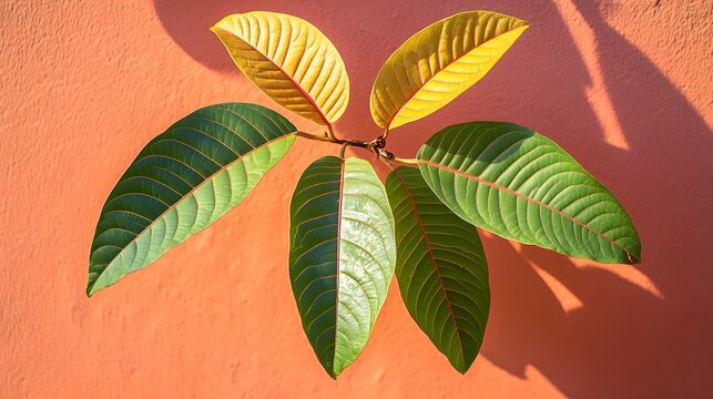 Detailed close up of a Mitragyna speciosa leaves on orange background.