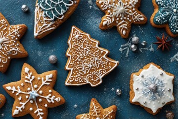 A festive table adorned with an assortment of beautifully decorated gingerbread cookies shaped as stars and a Christmas tree.