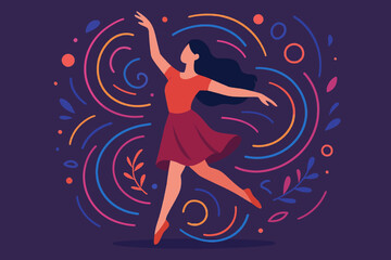 Dancing woman surrounded by colorful abstract swirls on purple background