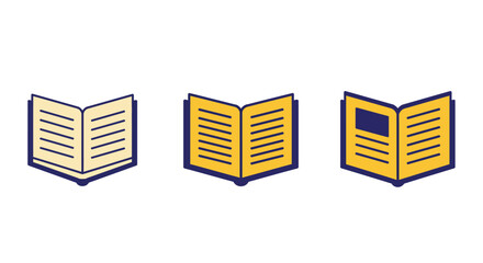 Three open books with yellow pages and dark blue outlines displayed