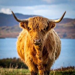 Highland Cow Portrait in Scottish Highlands with Lake Background.