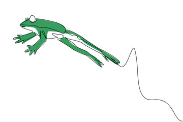 Single one line drawing jumping frog. Jumping to hunt prey to eat. Jumping to the water hole and swimming. Jumping in the wild. National Frog Jumping Day. Continuous line design graphic illustration