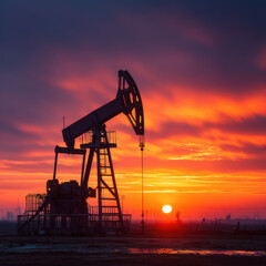 Stunning silhouette of oil pumpjack during vibrant sunset with industrial equipment, energy industry scene, natural landscape, resource extraction, and outdoor machinery