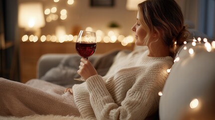 A woman in a sweater relaxes on a sofa, holding a glass of red wine, in the living room decorated for Christmas