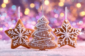 A festive group of gingerbread cookies decorated with icing in the shape of stars and a Christmas tree.