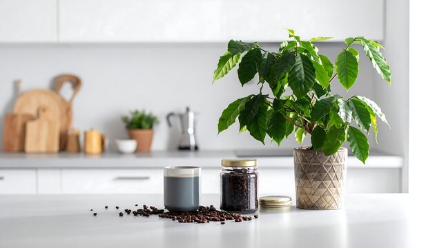 A kitchen counter features a coffee plant, beans, a cup, and a jar of beans, with a soft-focus backdrop of kitchenware