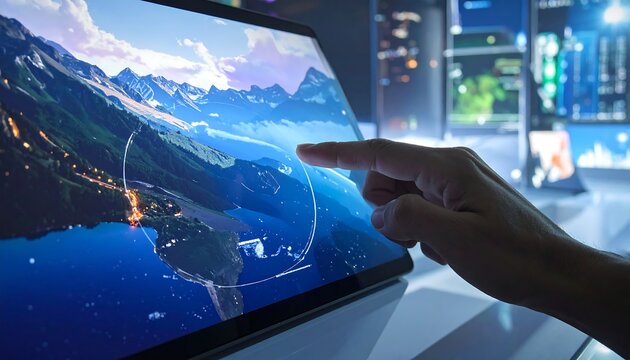 A close-up of a human finger touching a large digital screen displaying a mountain range and body of water, with other screens in the background