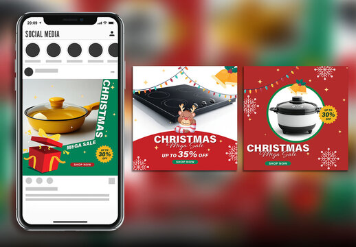 Editable Christmas Mega Sale Social Media Post Set with Kitchen Accessories for Online Shopping.