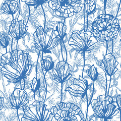 Elegant abstract floral seamless pattern featuring hand-drawn botanical line art in modern blue. fashion textiles, apparel prints, wallpapers, home decor, stationery, invitations, gift wrapping.