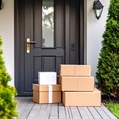 Cardboard boxes delivered to a modern front door