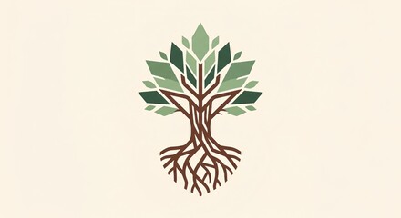 Abstract tree illustration with geometric green leaves and roots