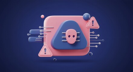 Stylized Digital Rendering of a Cyber Security Concept Featuring a Pink and Blue Geometric Skull Icon with Warning Symbols on a Dark Blue Textured Background