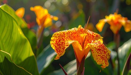Close-up of a vibrant yellow and red Canna Lily flower in natural light
