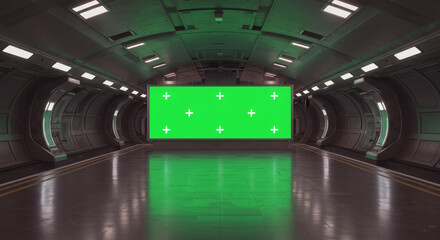 Vast metallic futuristic tunnel interior with a dynamic green screen panel for compositing digital media and visual effects