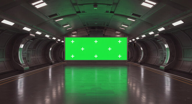 Vast metallic futuristic tunnel interior with a dynamic green screen panel for compositing digital media and visual effects