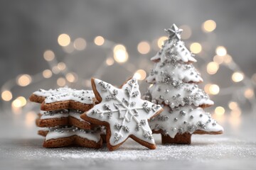 A group of beautifully decorated gingerbread cookies shaped as stars and Christmas trees, perfect for the holiday season