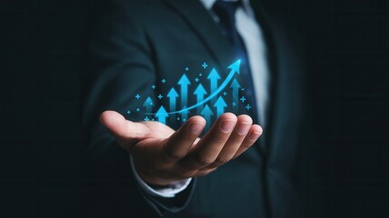 Professional businessman confidently presents rising business growth charts and financial success with glowing upward arrows in a sleek, modern presentation