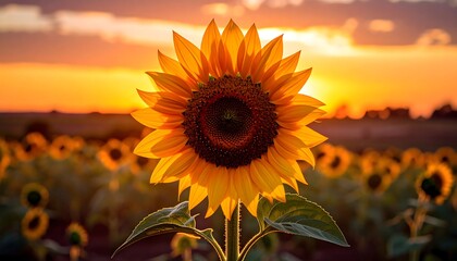Obraz premium A close-up of a vibrant sunflower bathed in golden sunlight, with a field of similar blooms in the blurred background. Warm sunset tones