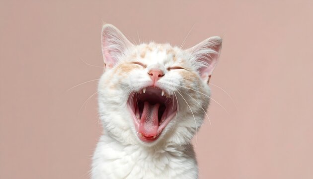 A close-up of a yawning cat with white and orange fur, capturing the mouth and open throat with eyes closed, set against a solid background