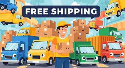 Fototapeta premium Free shipping illustration with delivery trucks and packages