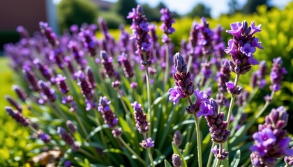 Closeup Lavender Flowers with Dew Drops Garden