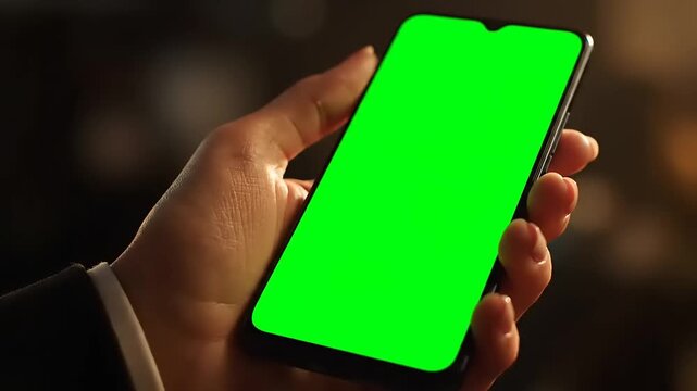 Close-up of a hand holding a modern smartphone with a vivid green screen display