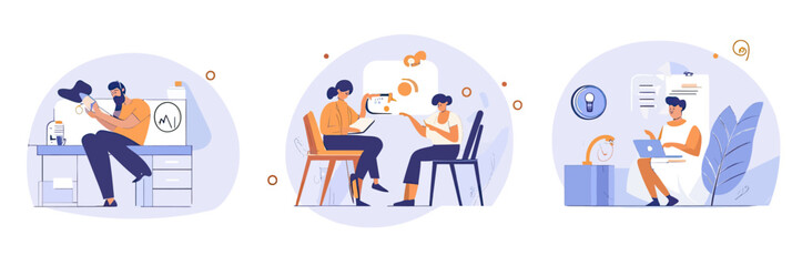 Three scenes of diverse people working flexibly in office and home environments using laptop and tablet devices in modern minimalist vector style