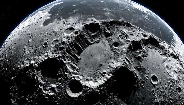 A close-up of the moon?s surface, showcasing craters and impact marks under a partially lit sky. The lunar landscape is rough and textured