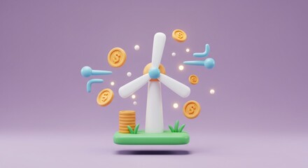 White Wind Turbine Model with Golden Coins on Green Grass Against Purple Backdrop Illustrating Clean Energy Investment