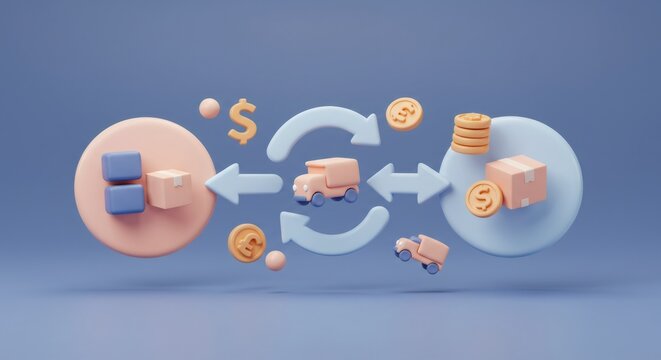 Whimsical 3D Illustration of Product Delivery with Pastel Colors and Abstract Design on Lavender Background