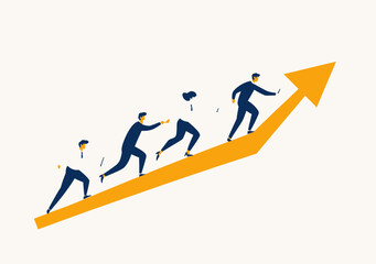 Business team climbing ascending arrow symbolizing career growth teamwork collaboration success and progress in flat minimalist style vector