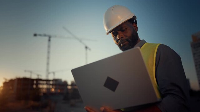 Engineer using laptop, cinematic portrait of african man at construction site. Professional foreman or architect working with computer outdoors, modern technology and innovation, modern architecture