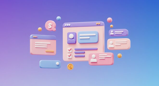 3D Pink and Blue Interface Design with Geometric Shapes and Checklists on a Gradient Background Modern Website Elements