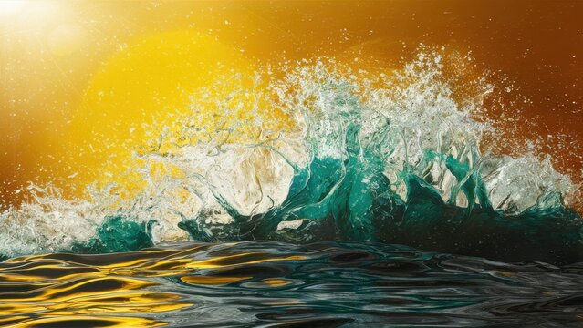 Dynamic ocean wave crests with vibrant emerald green hues and golden sunlit spray, capturing the raw power and beauty of nature's force in a stunning abstract composition.